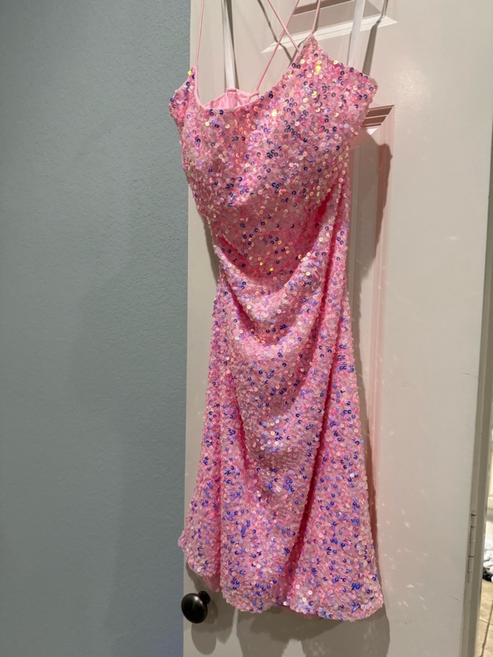 Sparkling Primavera Pink Sequin Mini Dress with Spaghetti Straps Corsett back